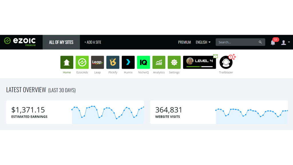 example of ezoic dashboard