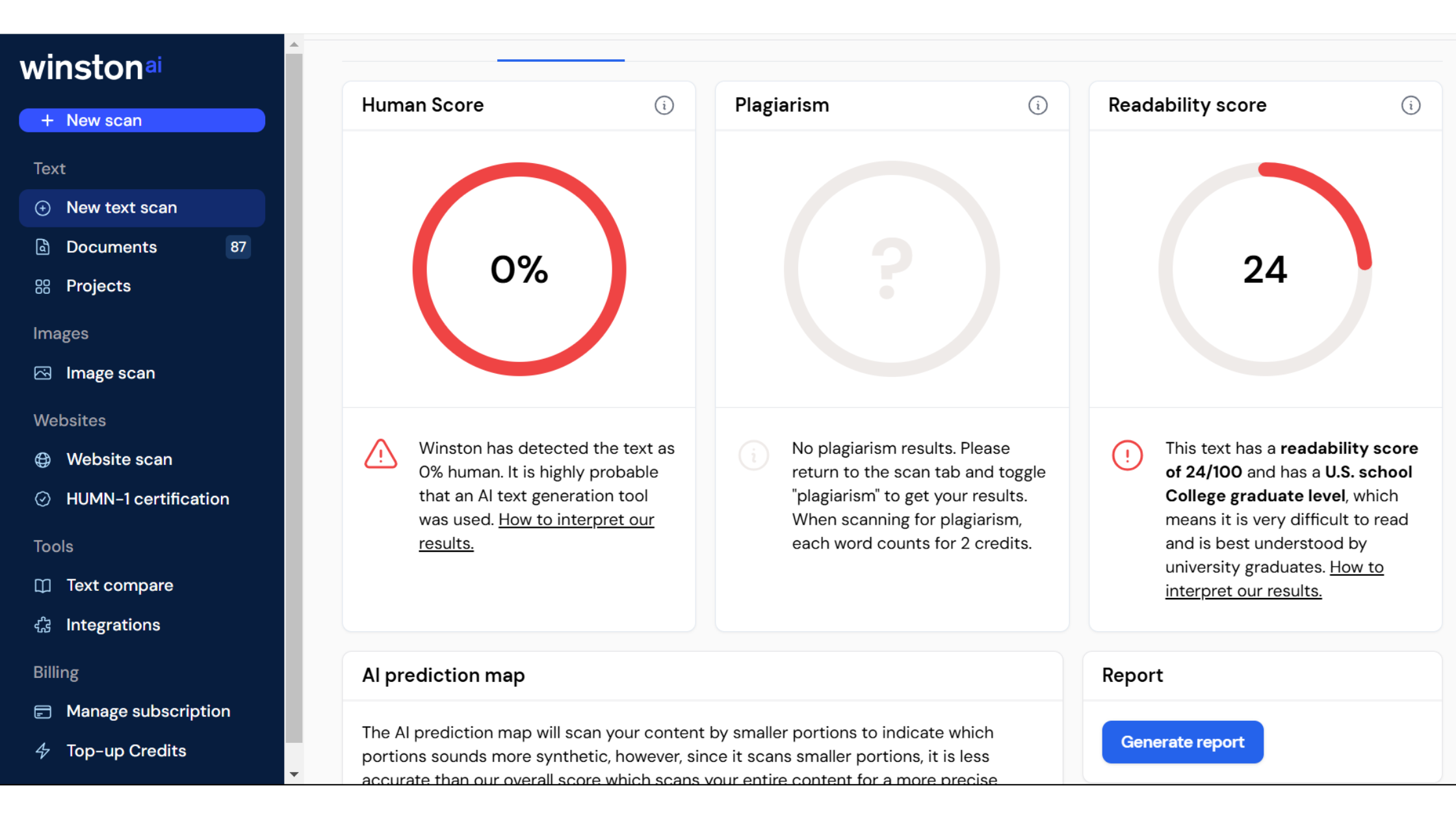 testing the content in an AI content detection tool
